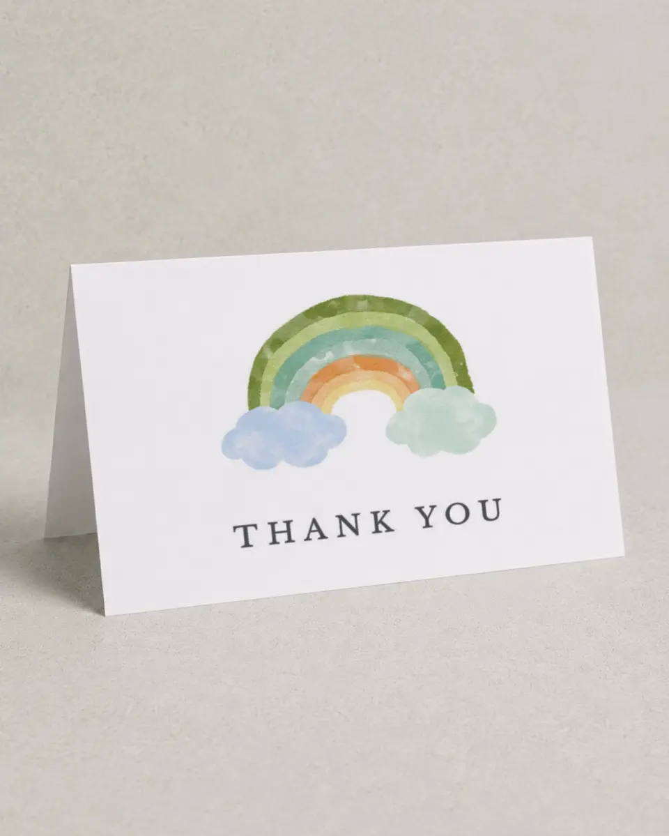 This is a 4" x 6" Folded Baby Shower Thank You Card called Rainbow Baby printed in full color on Premium Smooth paper