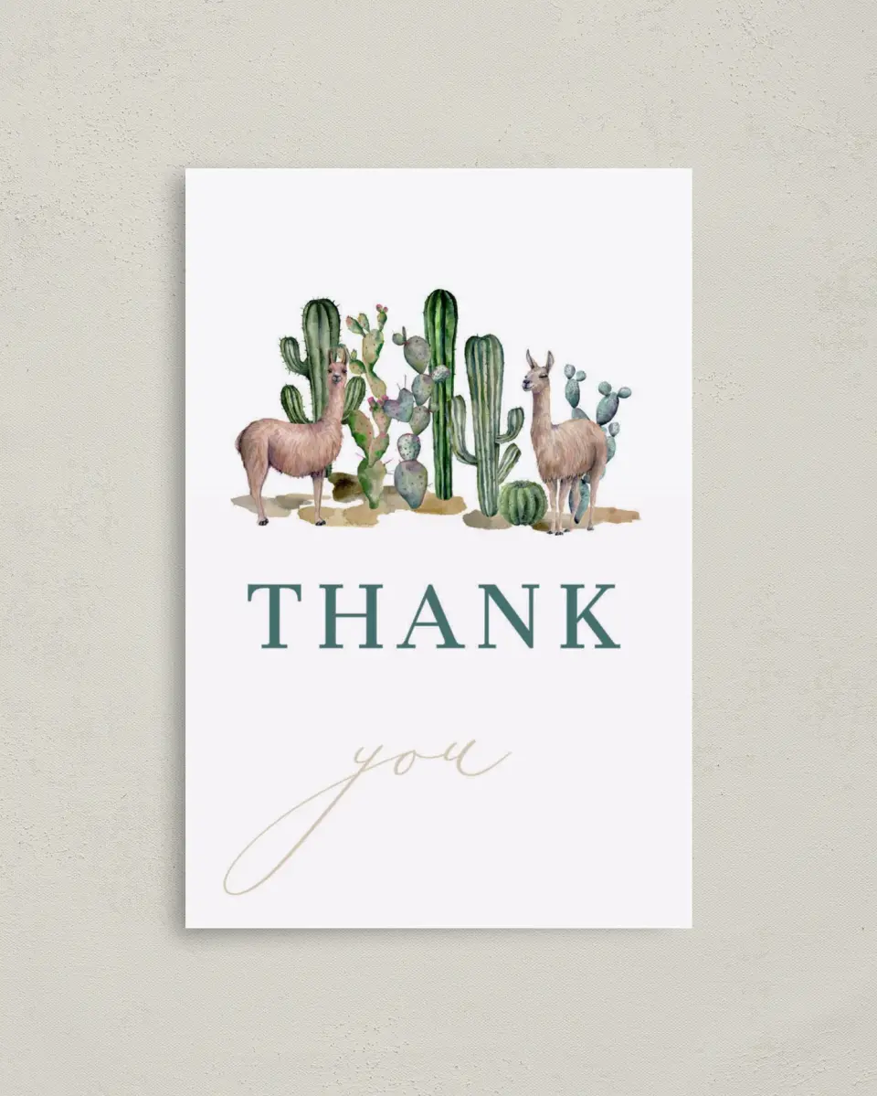 This is a 4" x 6" Folded Baby Shower Thank You Card called Sweet Llamas printed in full color on Premium Smooth paper