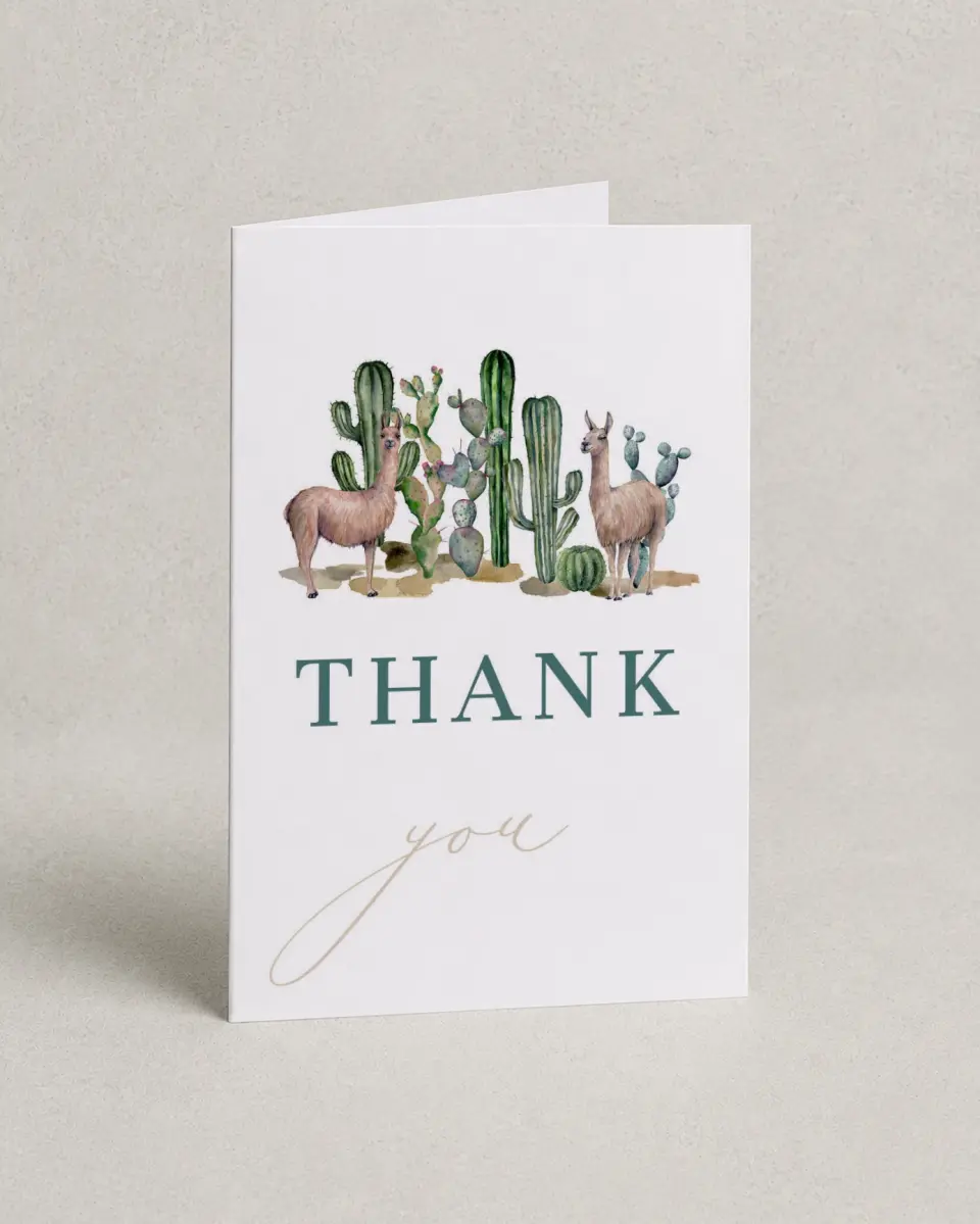This is a 4" x 6" Folded Baby Shower Thank You Card called Sweet Llamas printed in full color on Premium Smooth paper