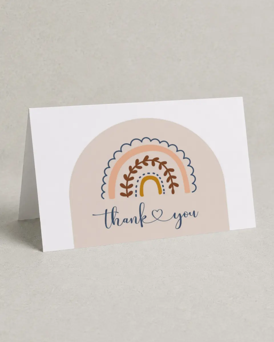 This is a 4" x 6" Folded Baby Shower Thank You Card called Rainbow Hello printed in full color on Premium Smooth paper