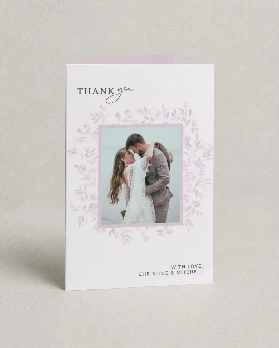 This is a 4" x 6" Folded Thank You Card called Lush Leaves printed in full color on Premium Smooth paper