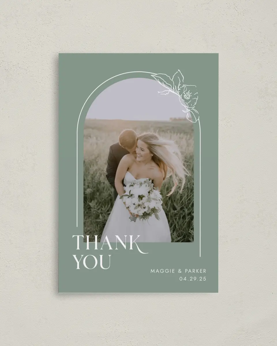 This is a 4" x 6" Folded Thank You Card called Blossoming Arch printed in full color on Premium Smooth paper