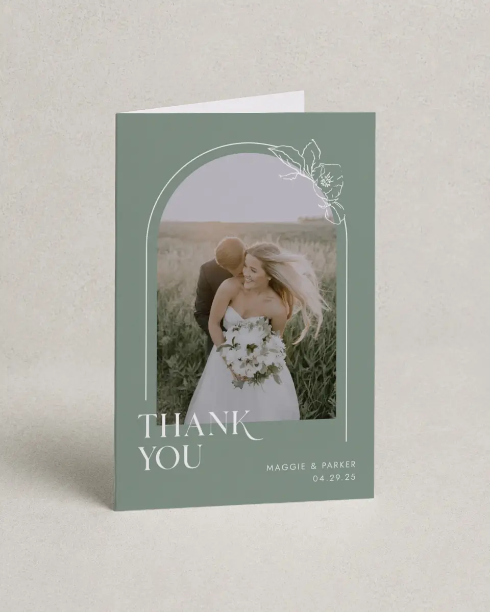 This is a 4" x 6" Folded Thank You Card called Blossoming Arch printed in full color on Premium Smooth paper