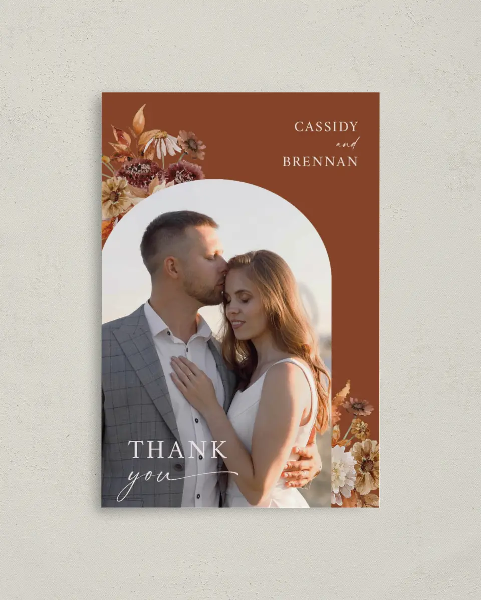 This is a 4" x 6" Folded Thank You Card called Autumn Florals printed in full color on Premium Smooth paper