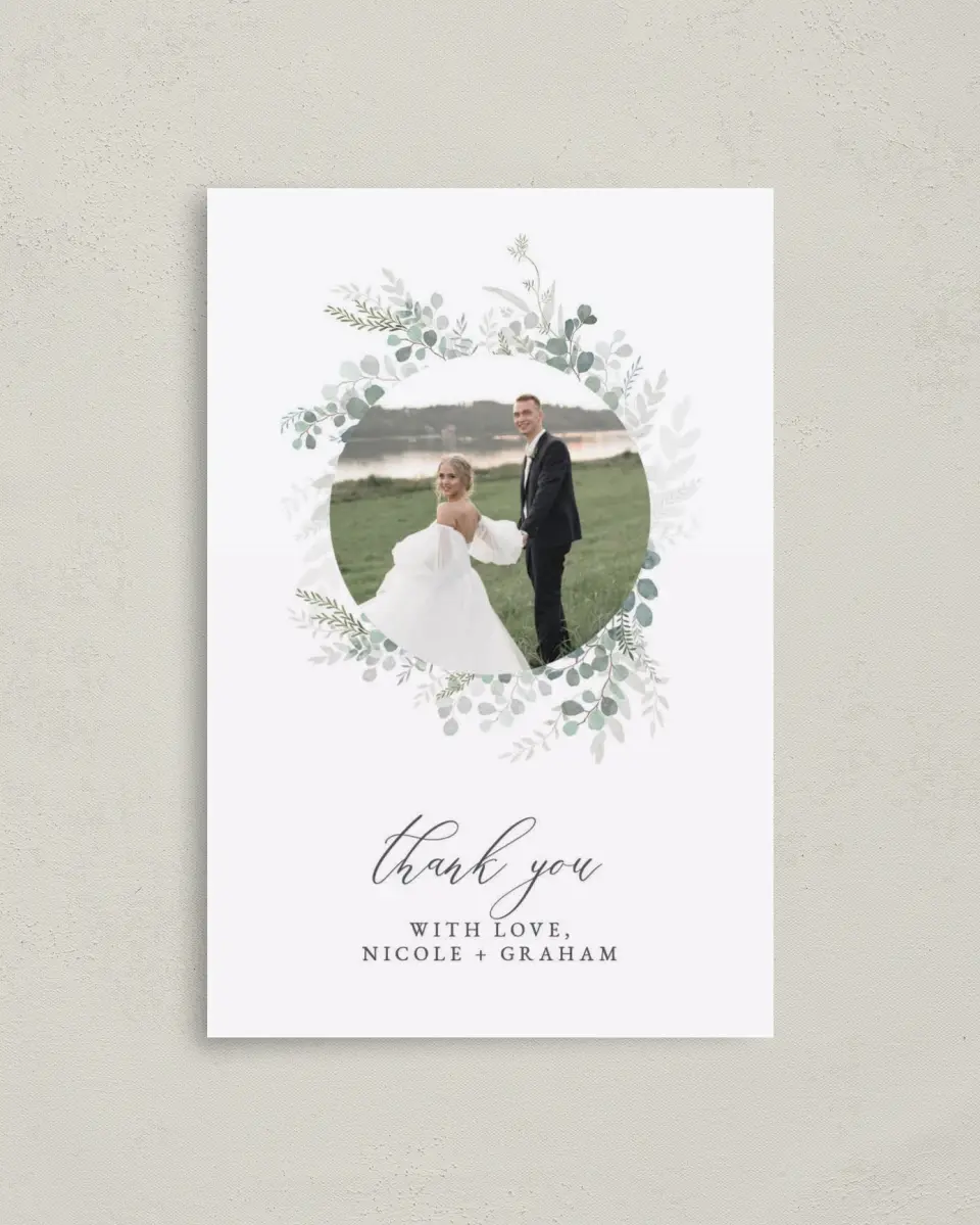 This is a 4" x 6" Folded Thank You Card called Elegant Greenery printed in full color on Premium Smooth paper