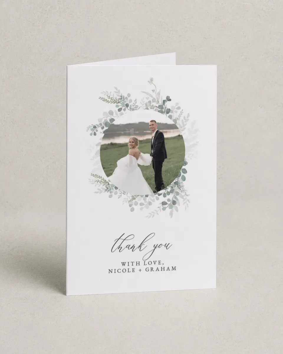 This is a 4" x 6" Folded Thank You Card called Elegant Greenery printed in full color on Premium Smooth paper
