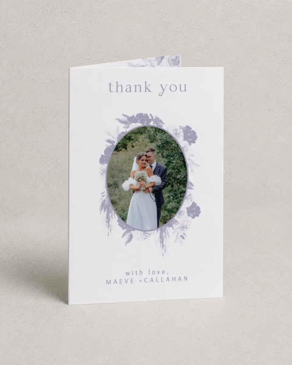 This is a 4" x 6" Folded Thank You Card called Sweet Botanical printed in full color on Premium Smooth paper