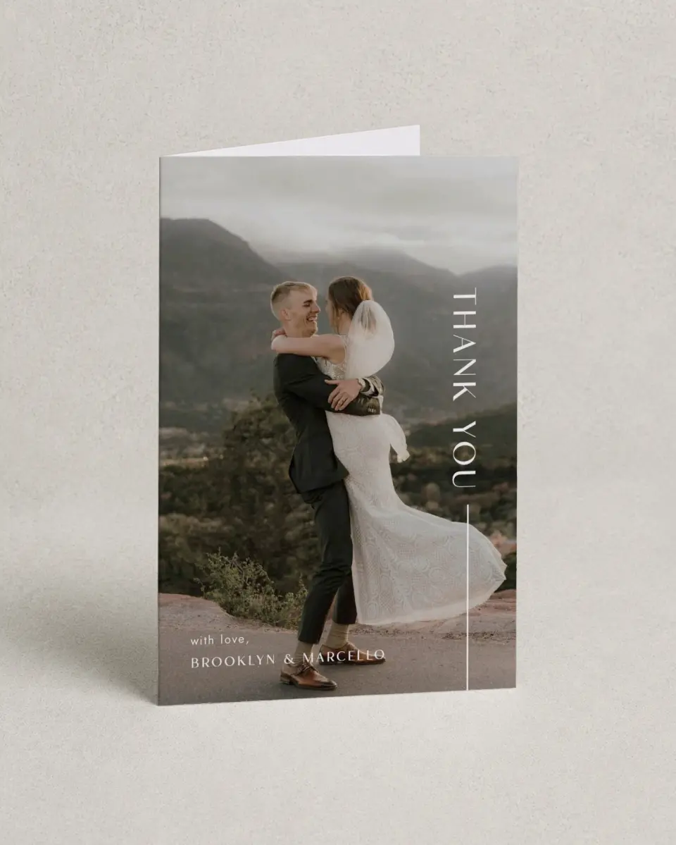 This is a 4" x 6" Folded Thank You Card called The Brooklyn printed in full color on Premium Smooth paper