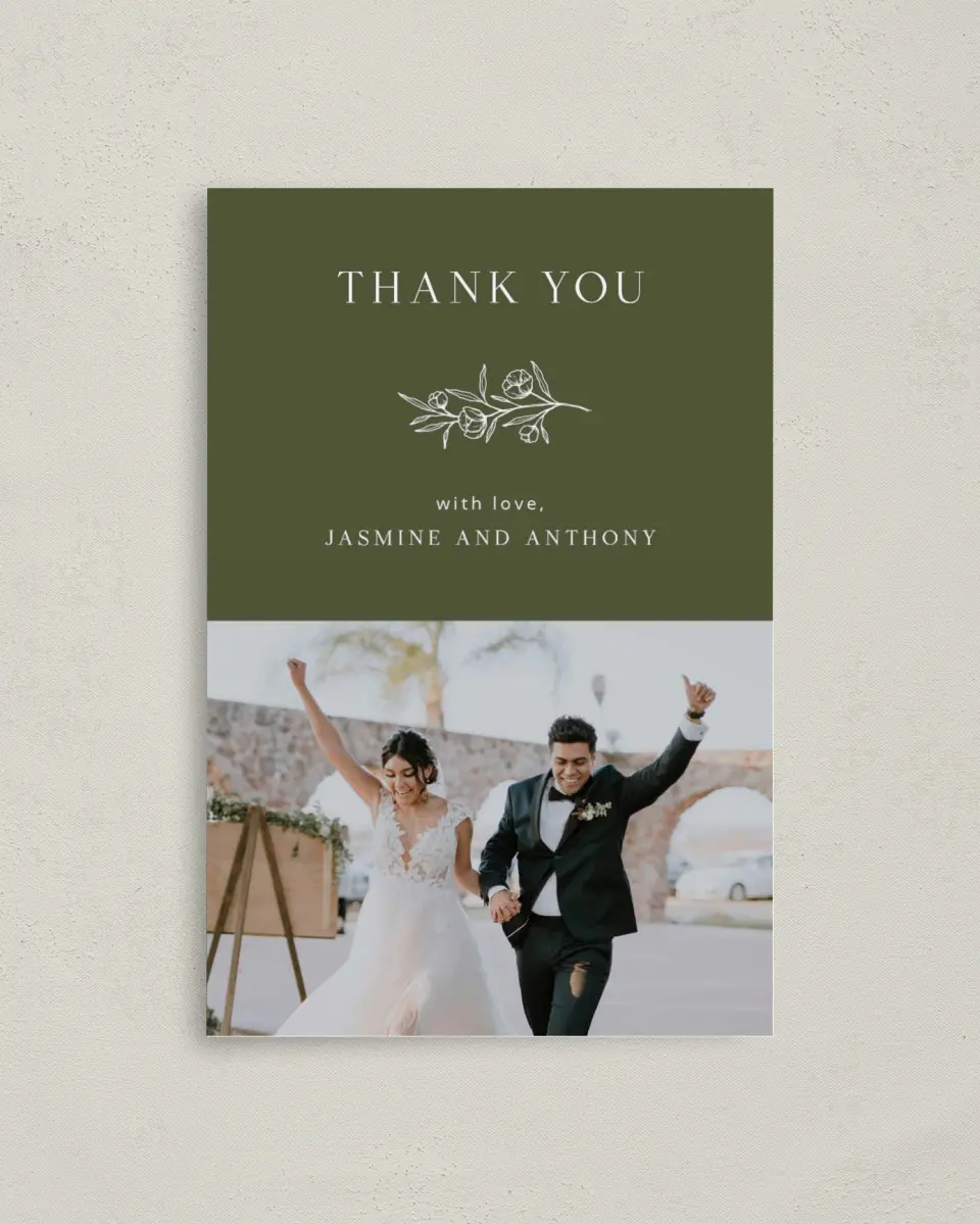 This is a 4" x 6" Folded Thank You Card called The Jasmine printed in full color on Premium Smooth paper