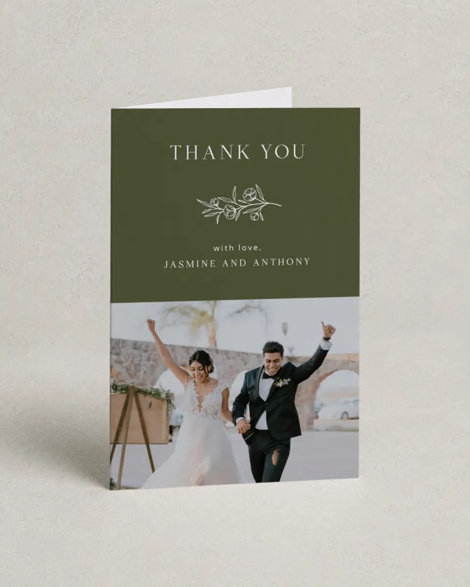 This is a 4" x 6" Folded Thank You Card called The Jasmine printed in full color on Premium Smooth paper