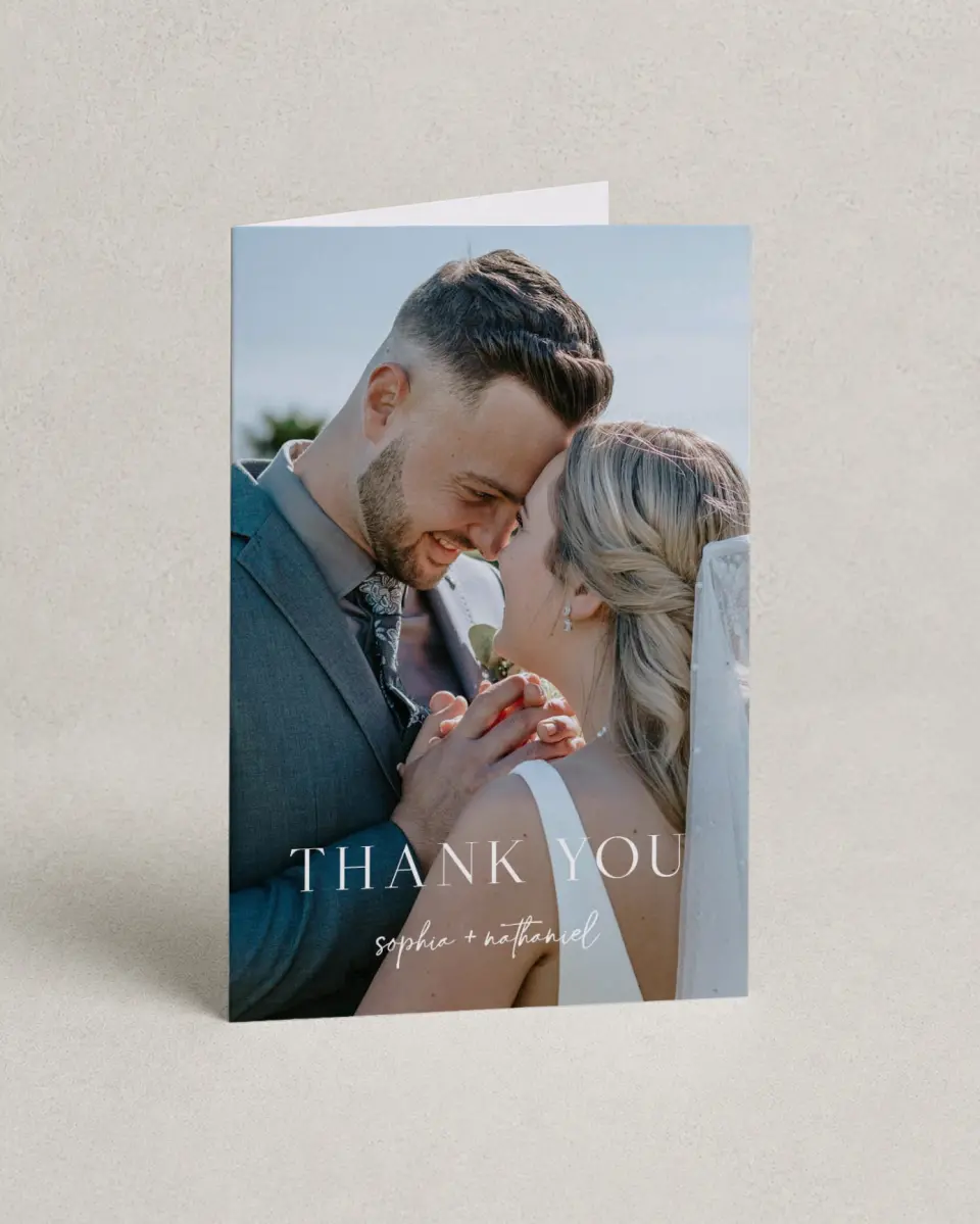 This is a 4" x 6" Folded Thank You Card called The Sophia printed in full color on Premium Smooth paper