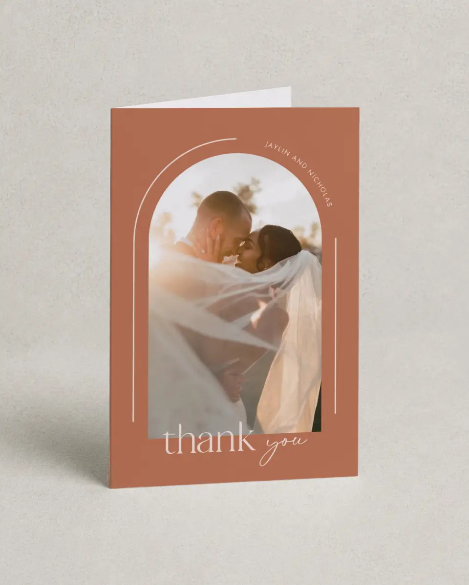 This is a 4" x 6" Folded Thank You Card called The Jaylin printed in full color with Gold foil on Luxe Satin (coated) paper