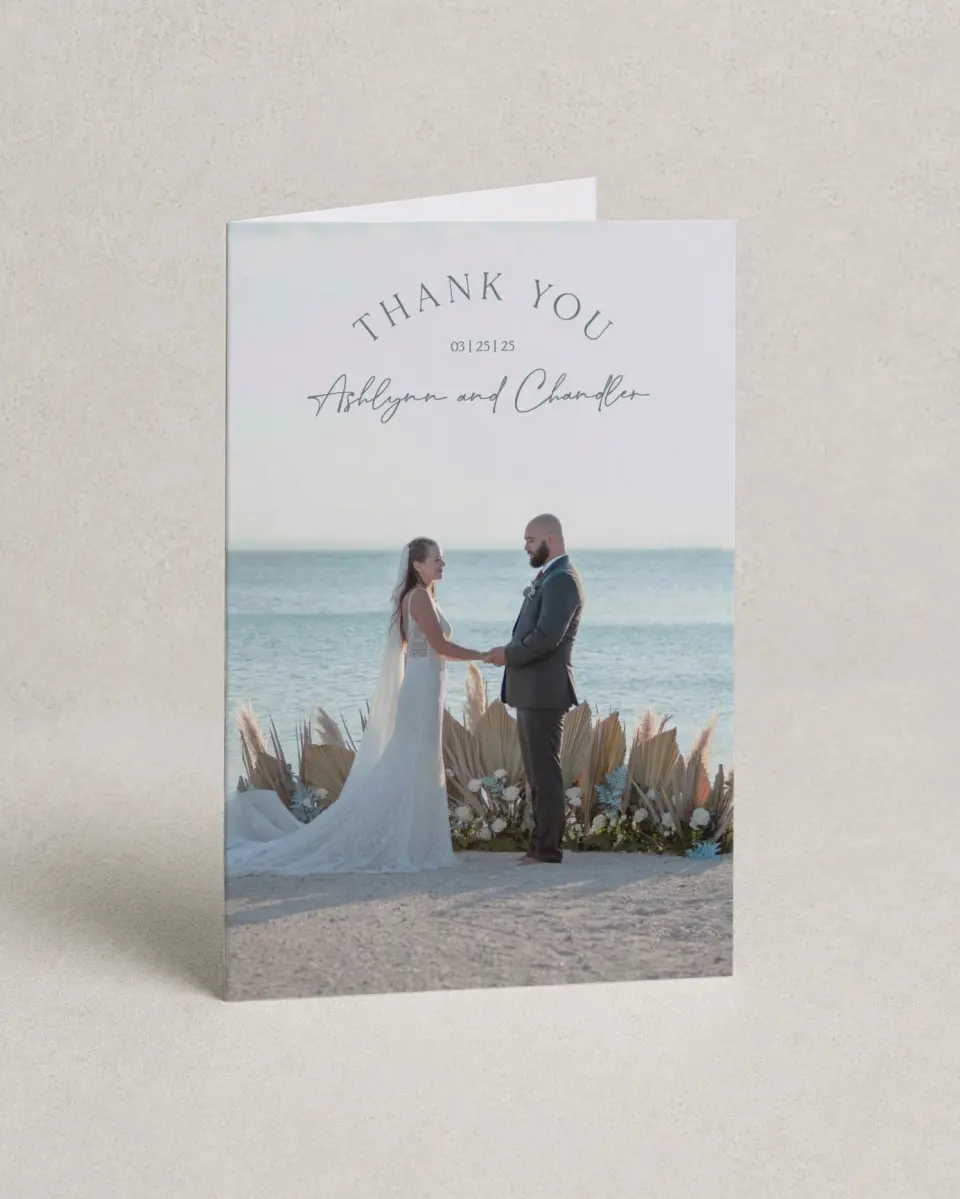 This is a 4" x 6" Folded Thank You Card called The Ashlynn printed in full color with Silver foil on Luxe Satin (coated) paper