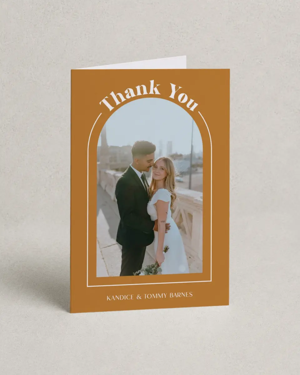 This is a 4" x 6" Folded Thank You Card called The Kandice printed in full color with Silver foil on Luxe Satin (coated) paper