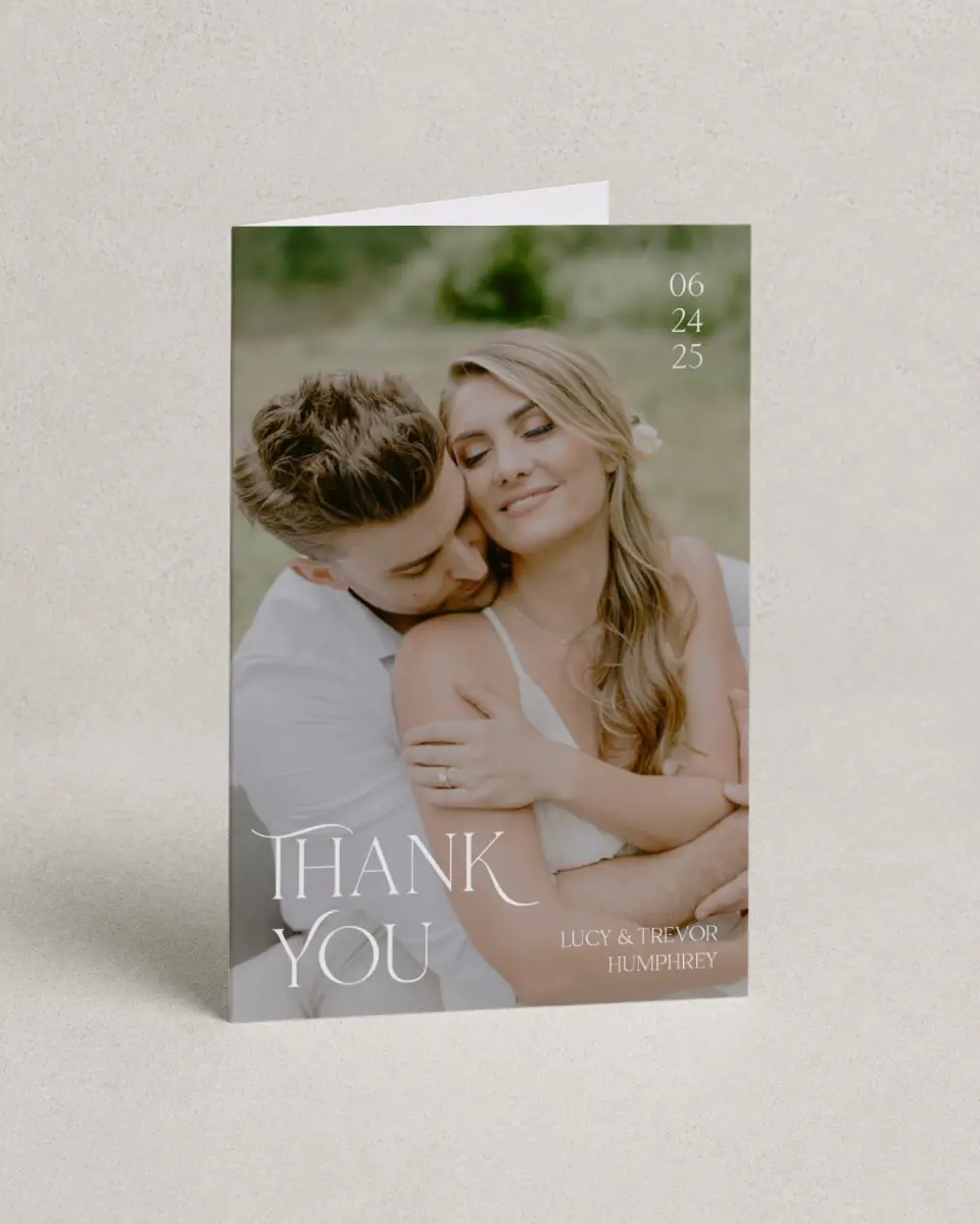 This is a 4" x 6" Folded Thank You Card called The Lucy printed in full color with Gold foil on Luxe Satin (coated) paper