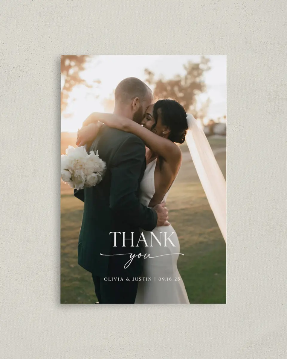 This is a 4" x 6" Folded Thank You Card called The Olivia printed in full color on Premium Smooth paper