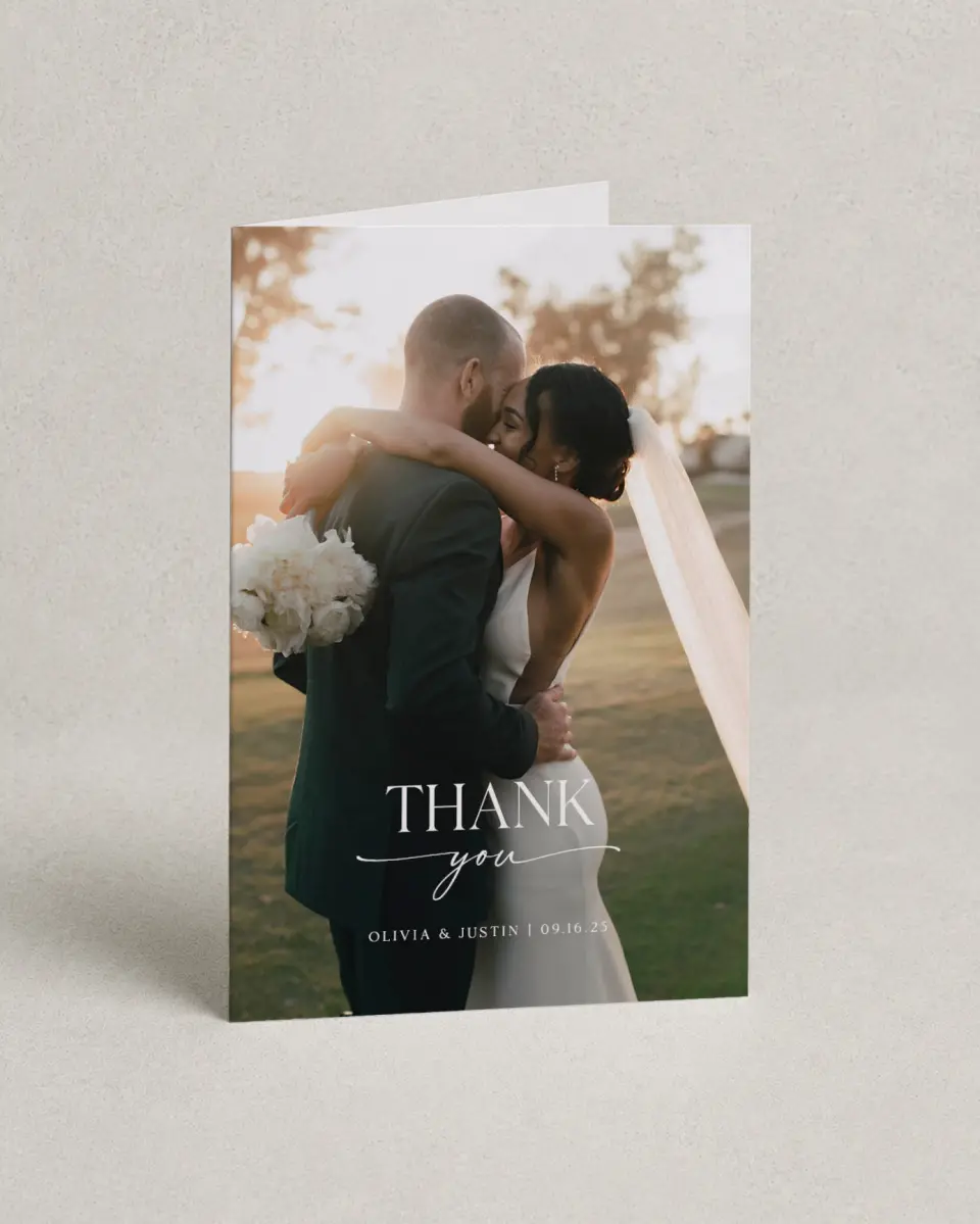 This is a 4" x 6" Folded Thank You Card called The Olivia printed in full color on Premium Smooth paper