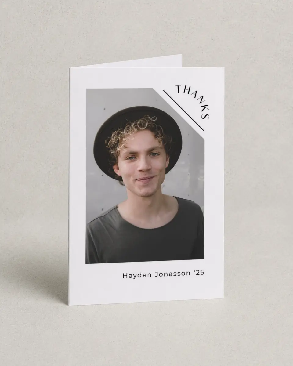 This is a 4" x 6" Folded Graduation Thank You Card called Slice of Success printed in full color on Premium Smooth paper