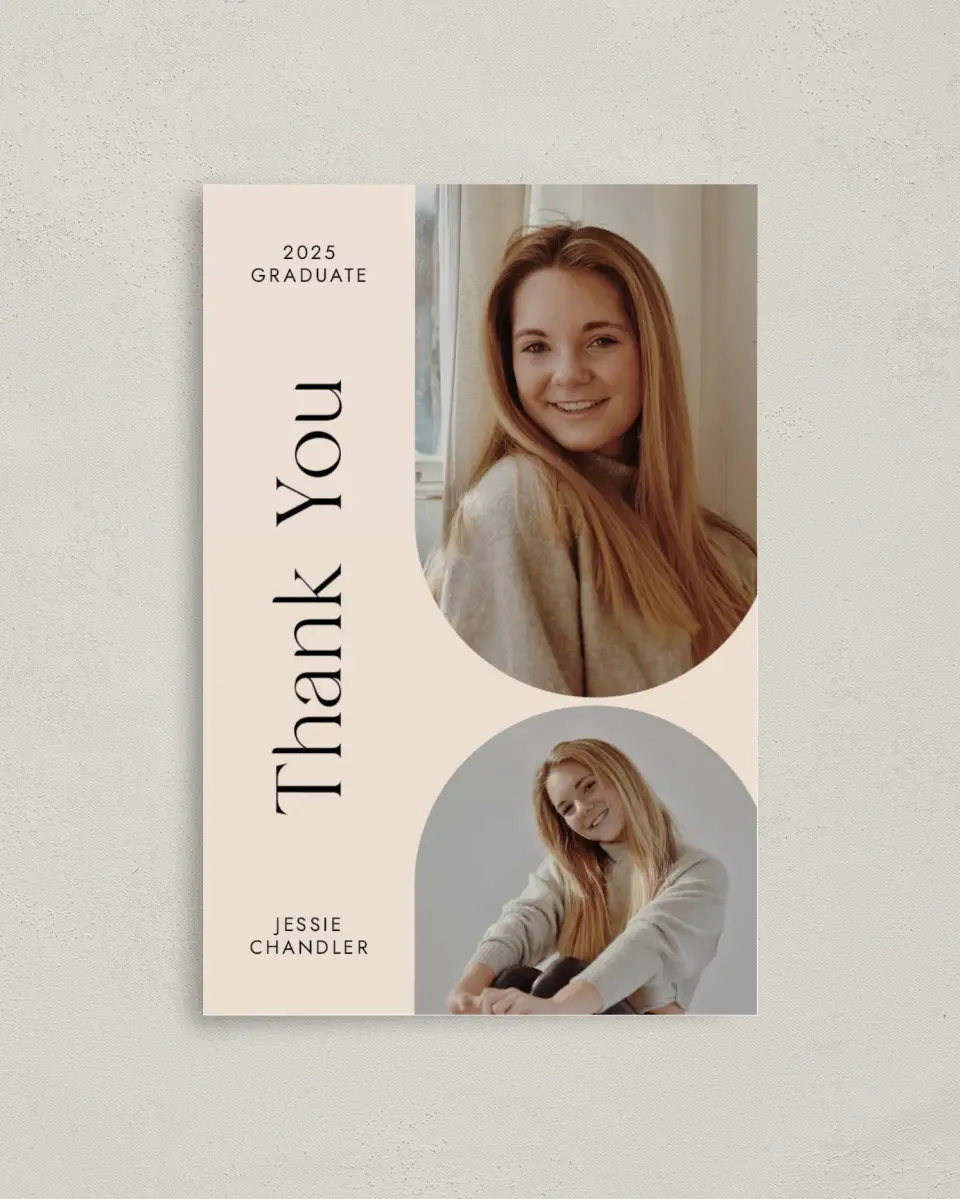 This is a 4" x 6" Folded Graduation Thank You Card called Dynamic Duo printed in full color on Premium Smooth paper