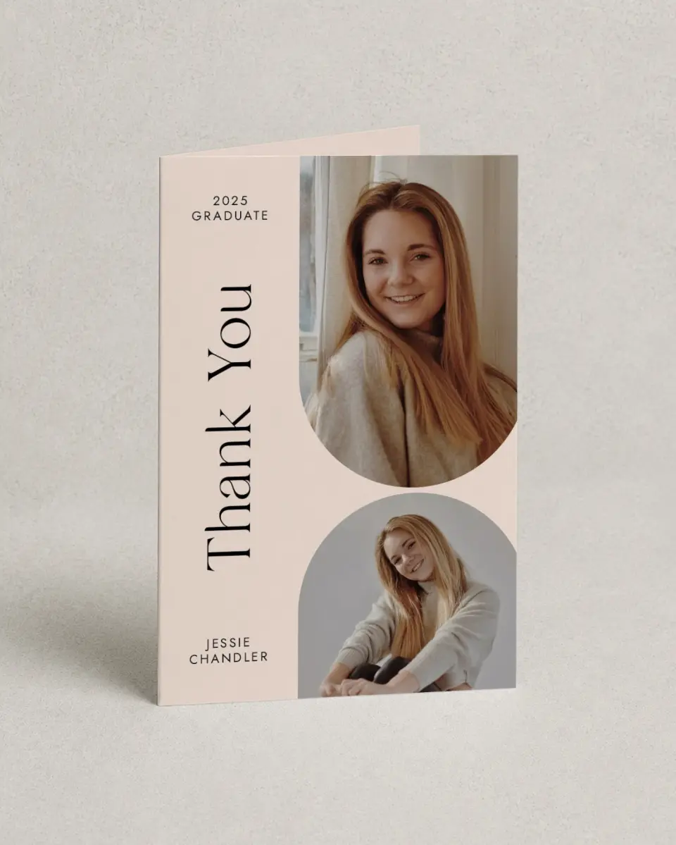 This is a 4" x 6" Folded Graduation Thank You Card called Dynamic Duo printed in full color on Premium Smooth paper