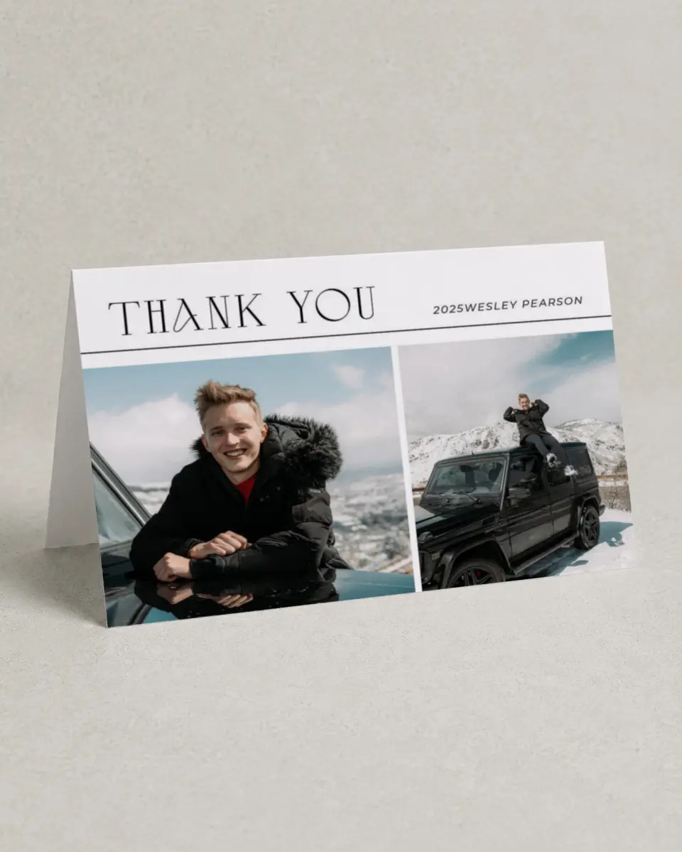 This is a 4" x 6" Folded Graduation Thank You Card called Big Finish printed in full color on Premium Smooth paper