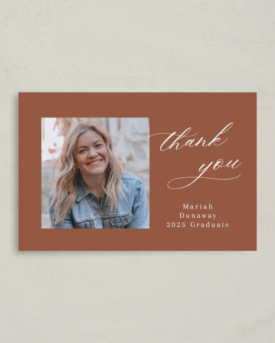 This is a 4" x 6" Folded Graduation Thank You Card called Scripted Scholar printed in full color on Premium Smooth paper