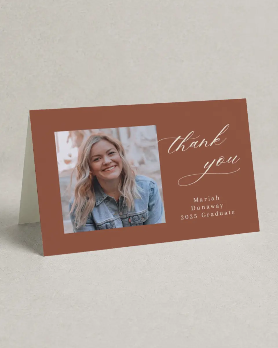 This is a 4" x 6" Folded Graduation Thank You Card called Scripted Scholar printed in full color on Premium Smooth paper