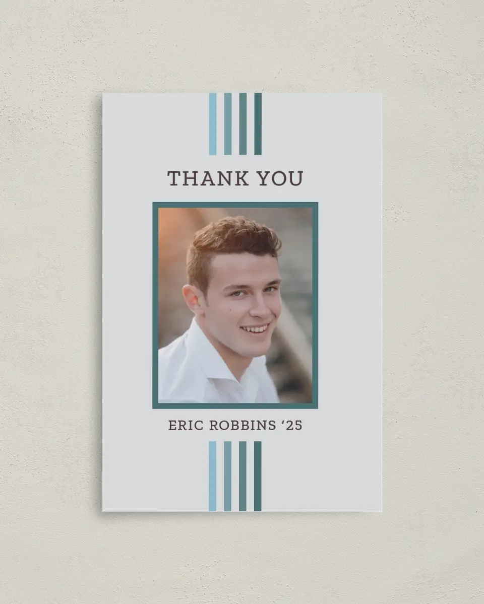 This is a 4" x 6" Folded Graduation Thank You Card called Successful Stripes printed in full color on Premium Smooth paper