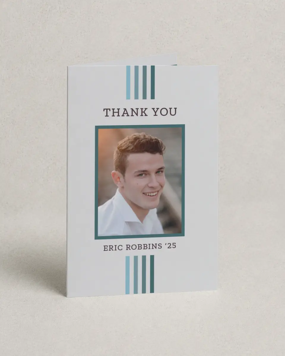 This is a 4" x 6" Folded Graduation Thank You Card called Successful Stripes printed in full color on Premium Smooth paper