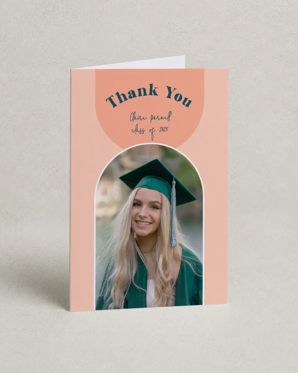 This is a 4" x 6" Folded Graduation Thank You Card called New Start printed in full color with Gold foil on Luxe Satin (coated) paper