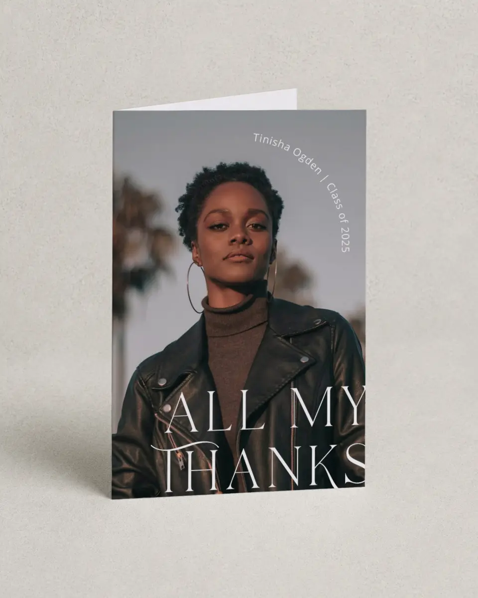 This is a 4" x 6" Folded Graduation Thank You Card called Cool Confidence printed in full color on Premium Smooth paper