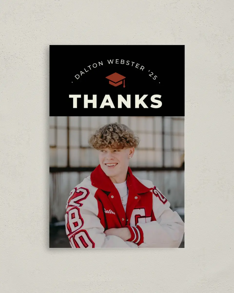 This is a 4" x 6" Folded Graduation Thank You Card called Cool & Classic printed in full color on Premium Smooth paper