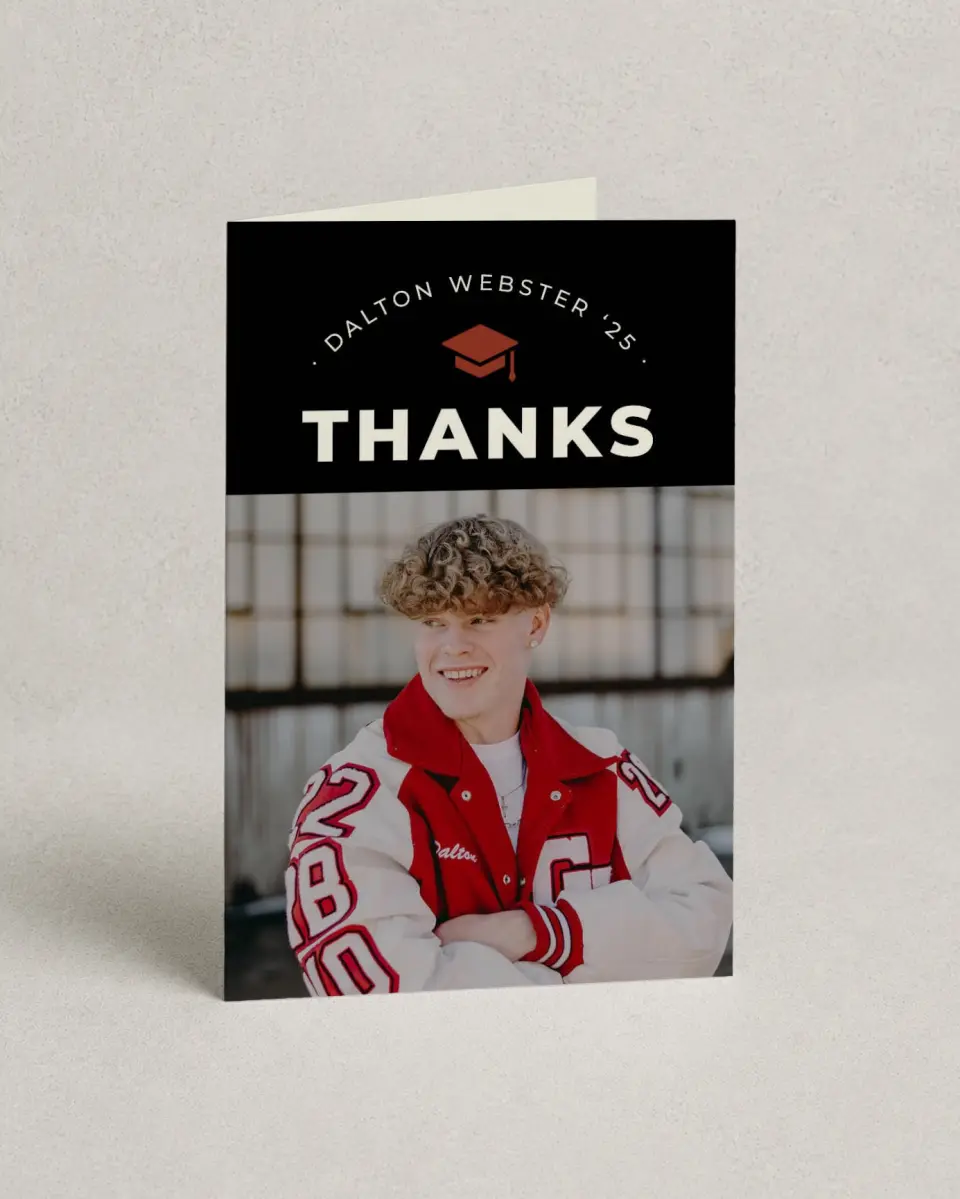 This is a 4" x 6" Folded Graduation Thank You Card called Cool & Classic printed in full color on Premium Smooth paper
