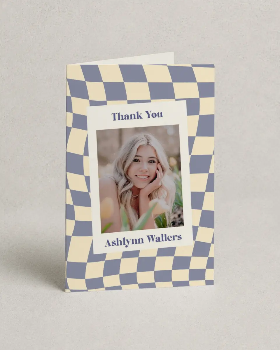 This is a 4" x 6" Folded Graduation Thank You Card called Checkered Credit printed in full color on Premium Smooth paper
