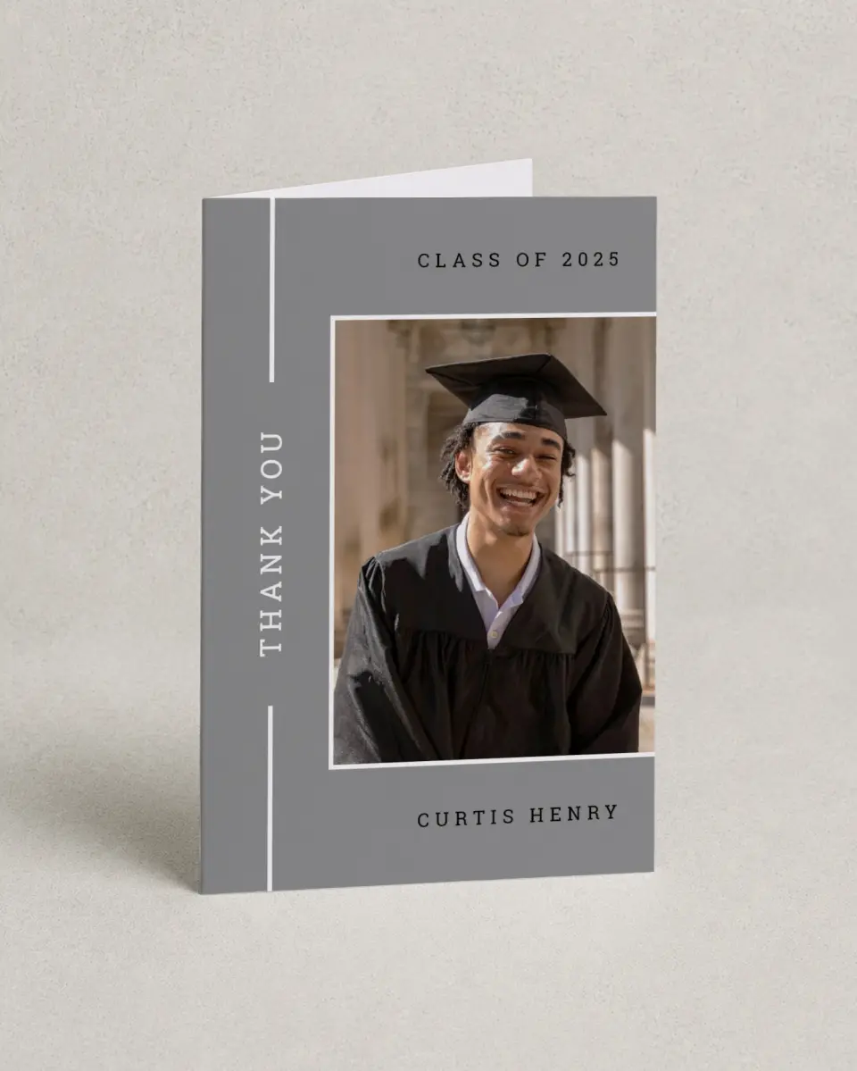 This is a 4" x 6" Folded Graduation Thank You Card called Serious Scholar printed in full color on Premium Smooth paper