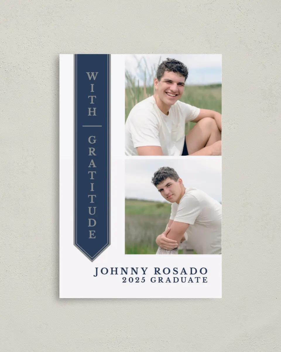 This is a 4" x 6" Folded Graduation Thank You Card called Sophisticated Stole printed in full color on Premium Smooth paper