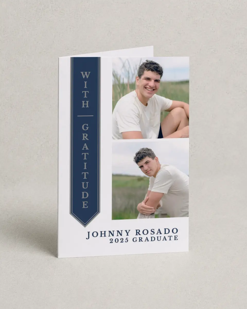 This is a 4" x 6" Folded Graduation Thank You Card called Sophisticated Stole printed in full color on Premium Smooth paper