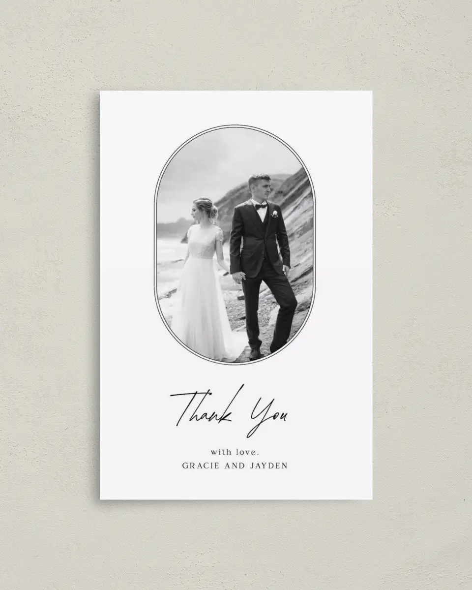 This is a 4" x 6" Folded Thank You Card called Dramatic Date printed in full color on Premium Smooth paper