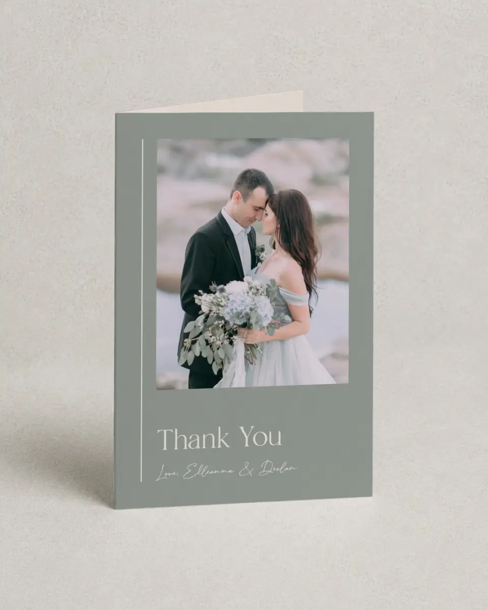 This is a 4" x 6" Folded Thank You Card called Elegant Lines printed in full color with Gold foil on Luxe Satin (coated) paper