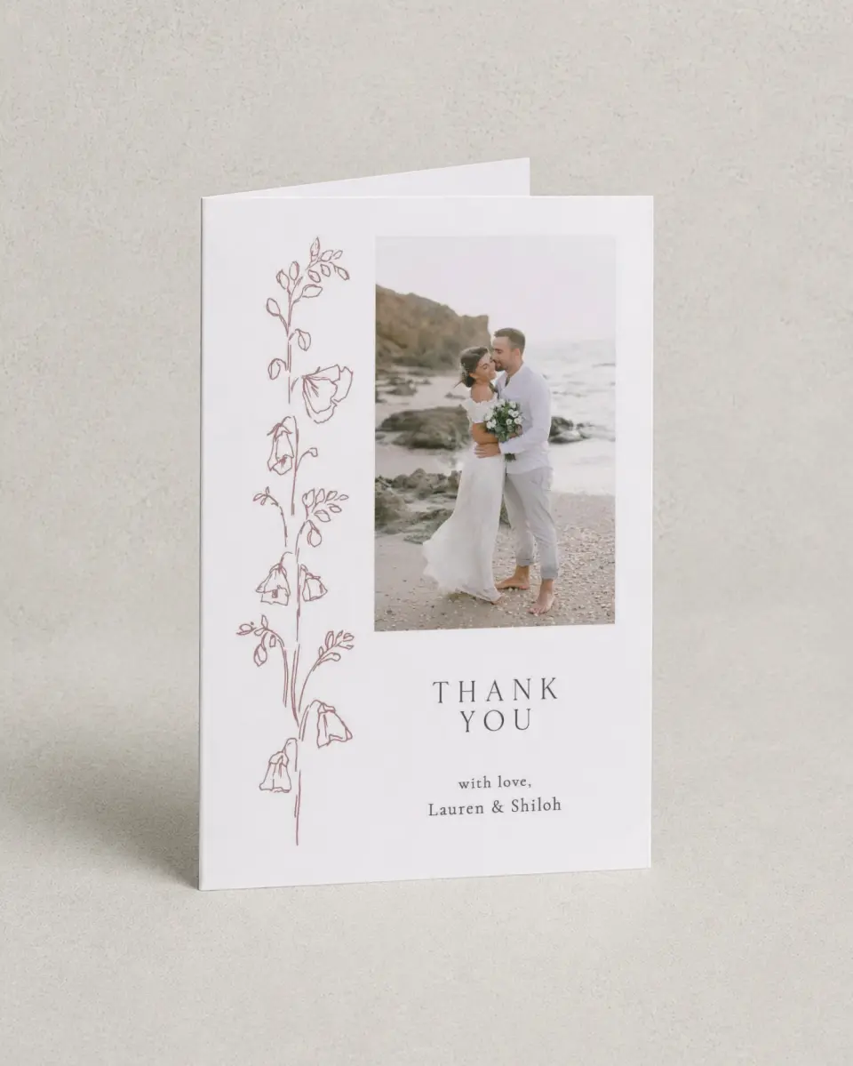 This is a 4" x 6" Folded Thank You Card called Cute + Charming printed in full color on Premium Smooth paper