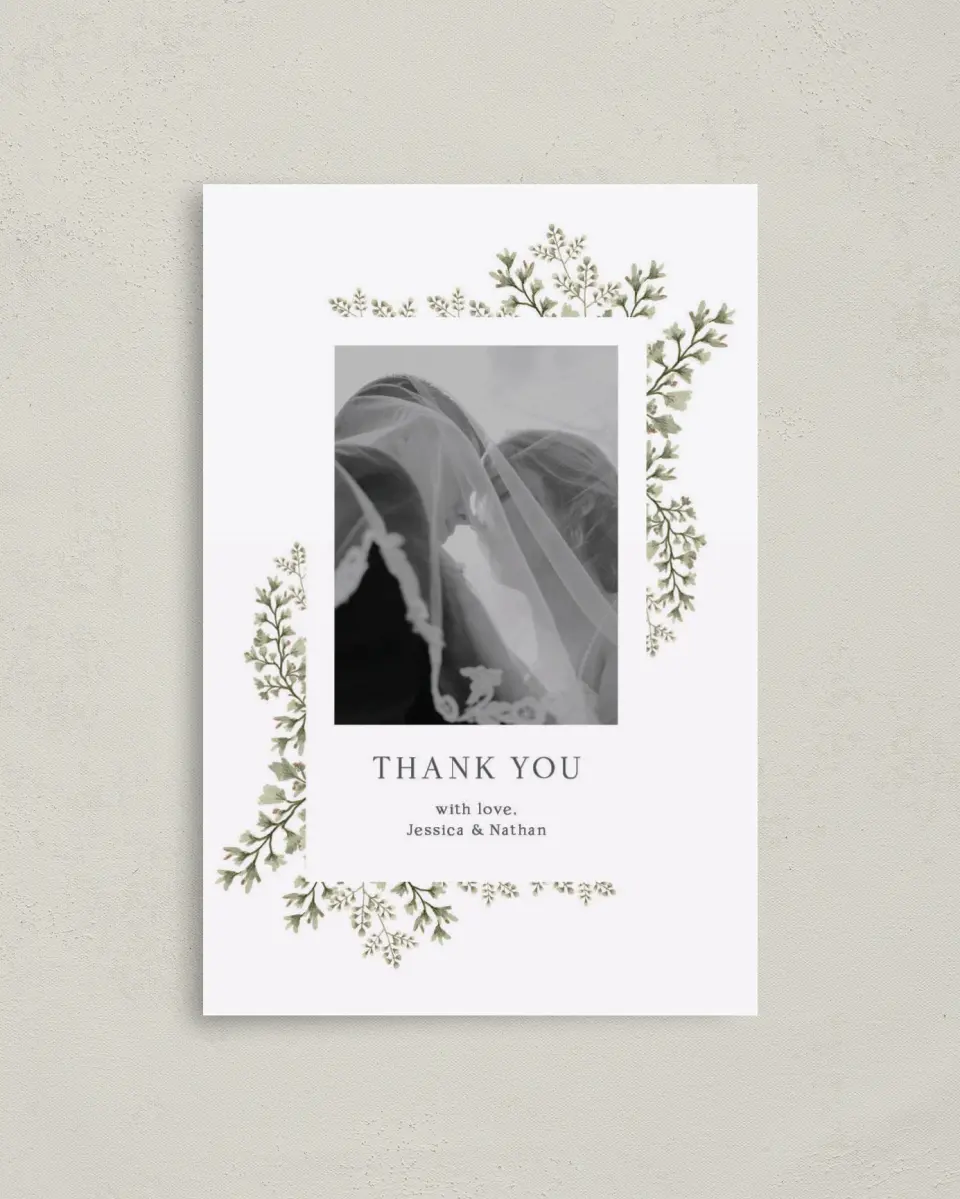 This is a 4" x 6" Folded Thank You Card called Leaves of Love printed in full color on Premium Smooth paper