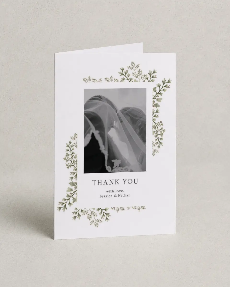 This is a 4" x 6" Folded Thank You Card called Leaves of Love printed in full color on Premium Smooth paper
