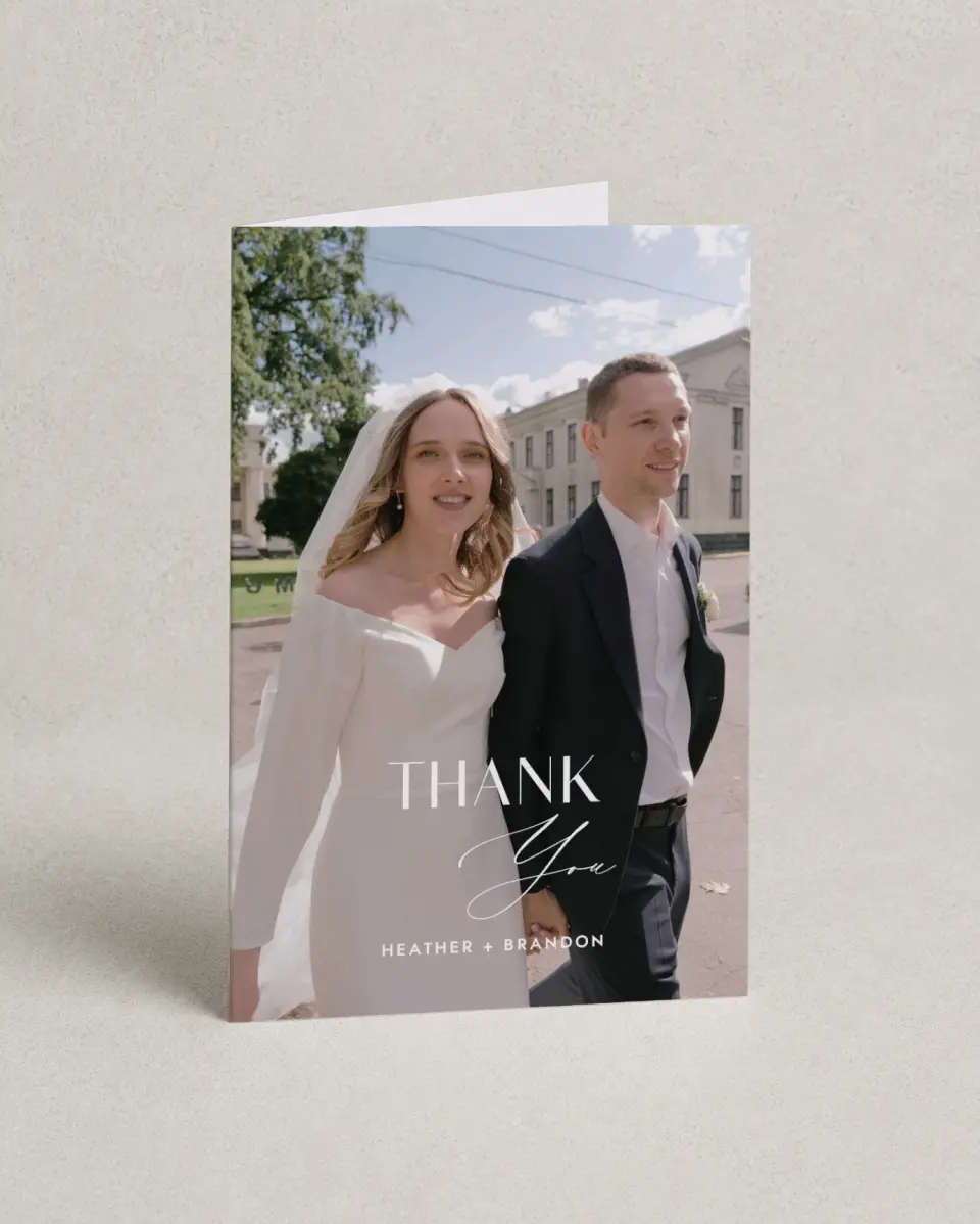 This is a 4" x 6" Folded Thank You Card called Neat Names printed in full color with Rose Gold foil on Luxe Satin (coated) paper