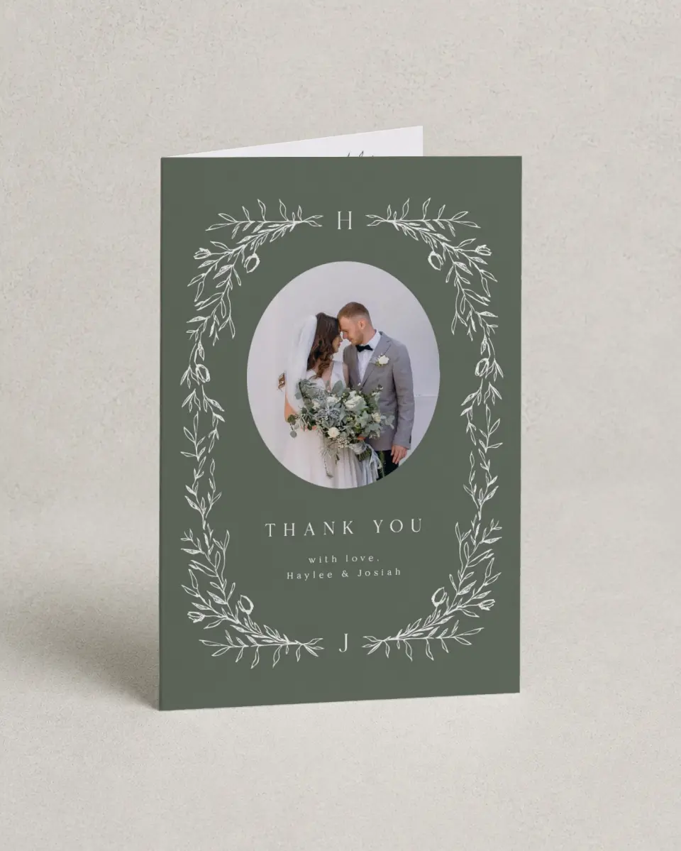 This is a 4" x 6" Folded Thank You Card called Flourishing Frame printed in full color on Premium Smooth paper