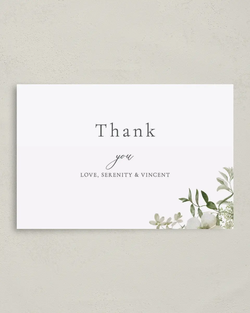 This is a 4" x 6" Folded Thank You Card called Graceful Greenery printed in full color on Premium Smooth paper