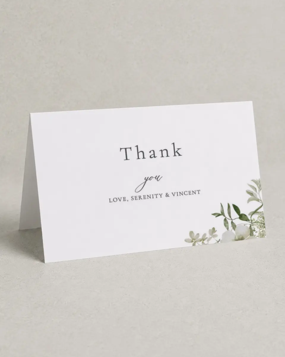 This is a 4" x 6" Folded Thank You Card called Graceful Greenery printed in full color on Premium Smooth paper