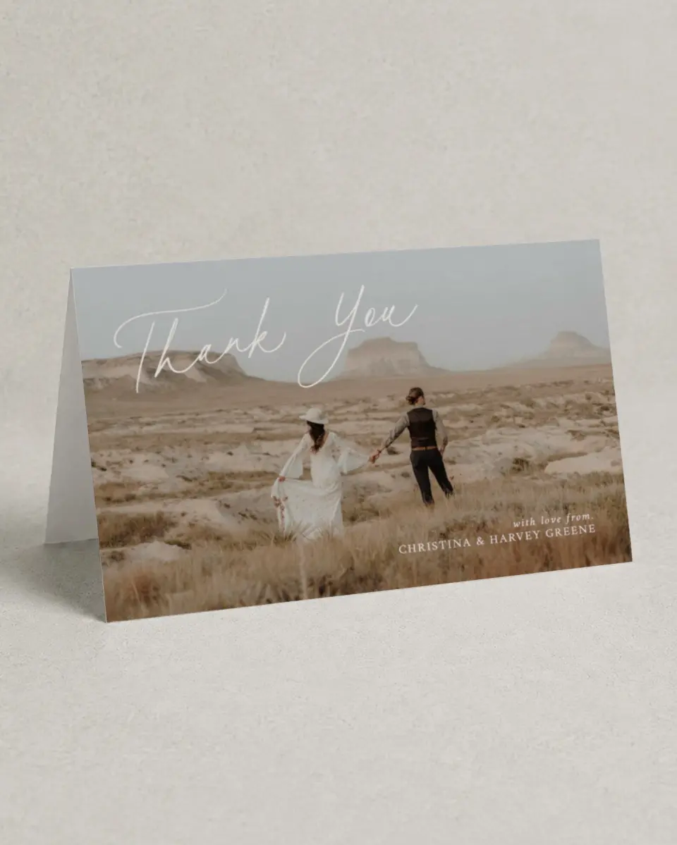 This is a 4" x 6" Folded Thank You Card called The Christina printed in full color with Gold foil on Luxe Satin (coated) paper