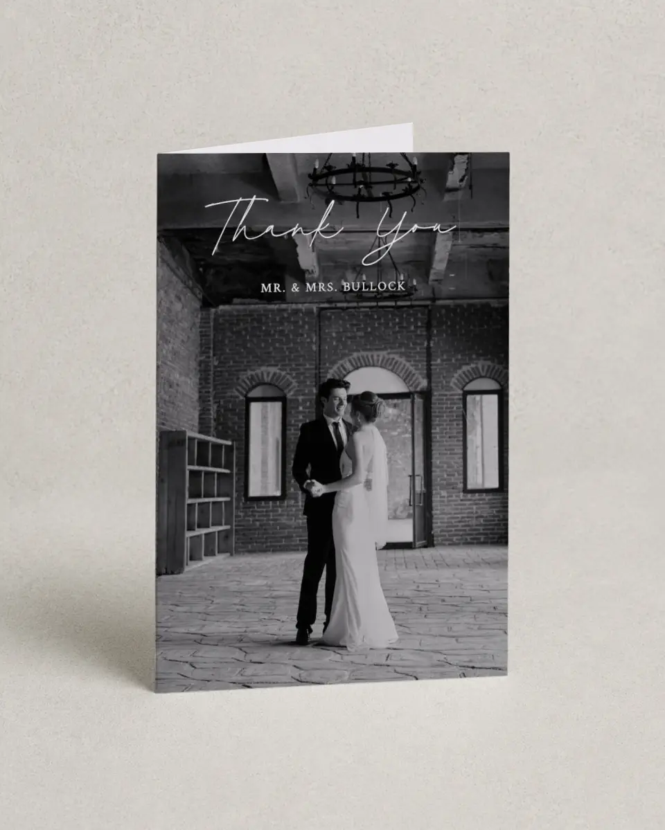 This is a 4" x 6" Folded Thank You Card called The Madelyn printed in full color on Premium Smooth paper