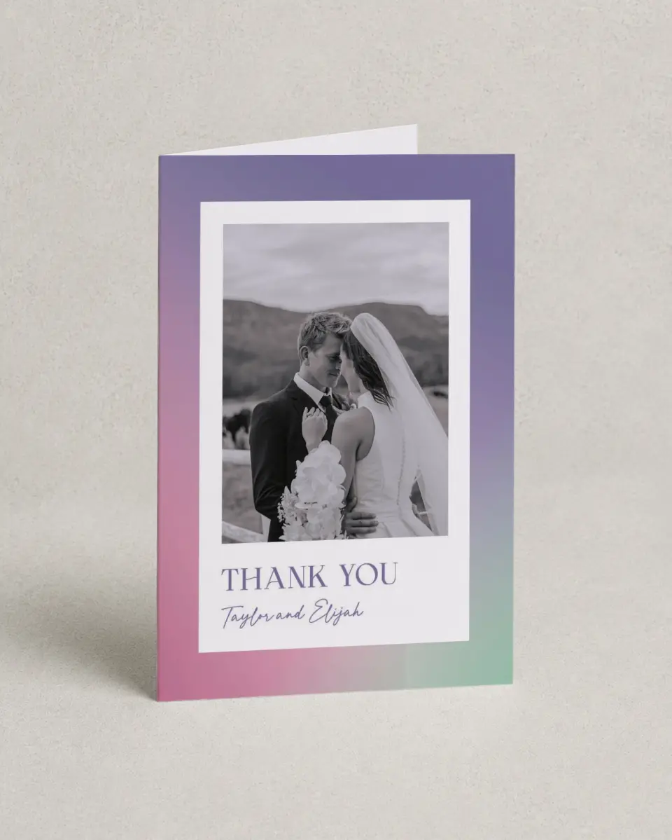 This is a 4" x 6" Folded Thank You Card called The Taylor printed in full color on Premium Smooth paper