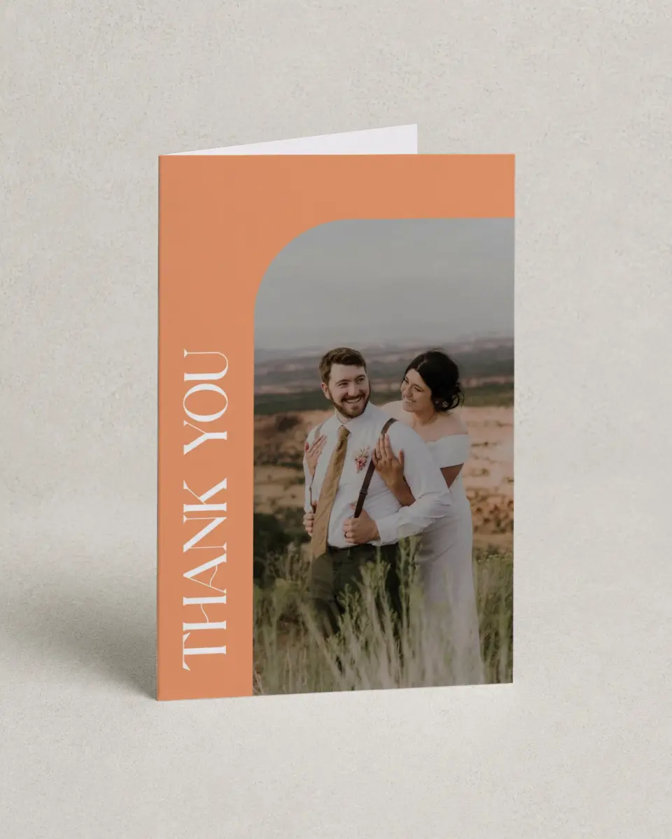 This is a 4" x 6" Folded Thank You Card called The Leah printed in full color on Premium Smooth paper